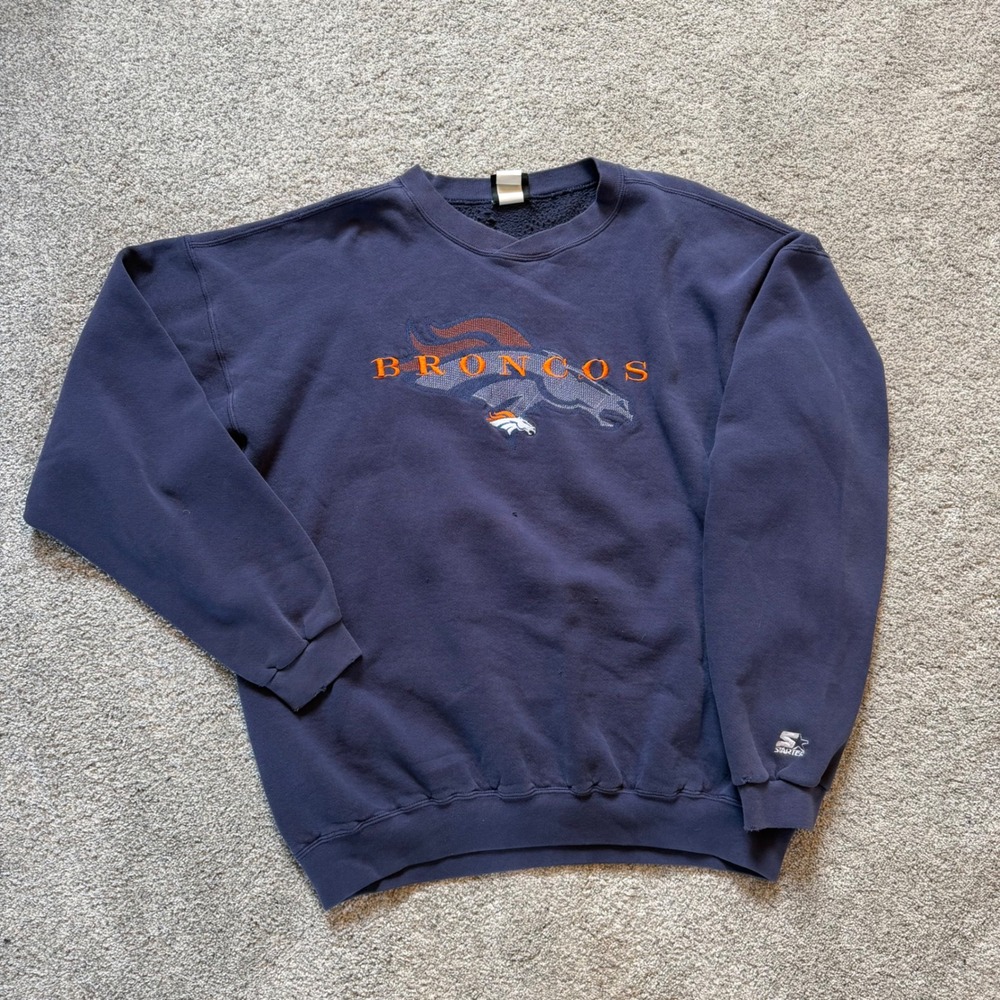 Vintage Starter Denver Broncos Sweatshirt Navy Blue Embroidered NFL Mens XL